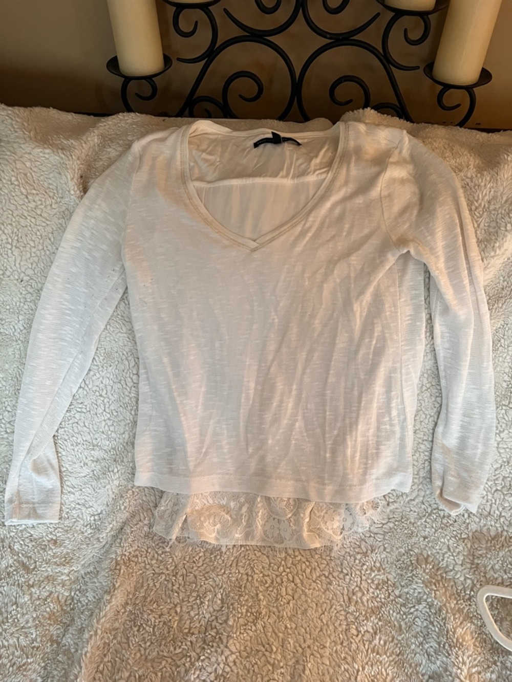 White House Black Market Cream V-Neck Long Sleeve Top with Lace Hem